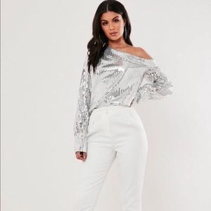 silver sequin one shoulder deep cuff top